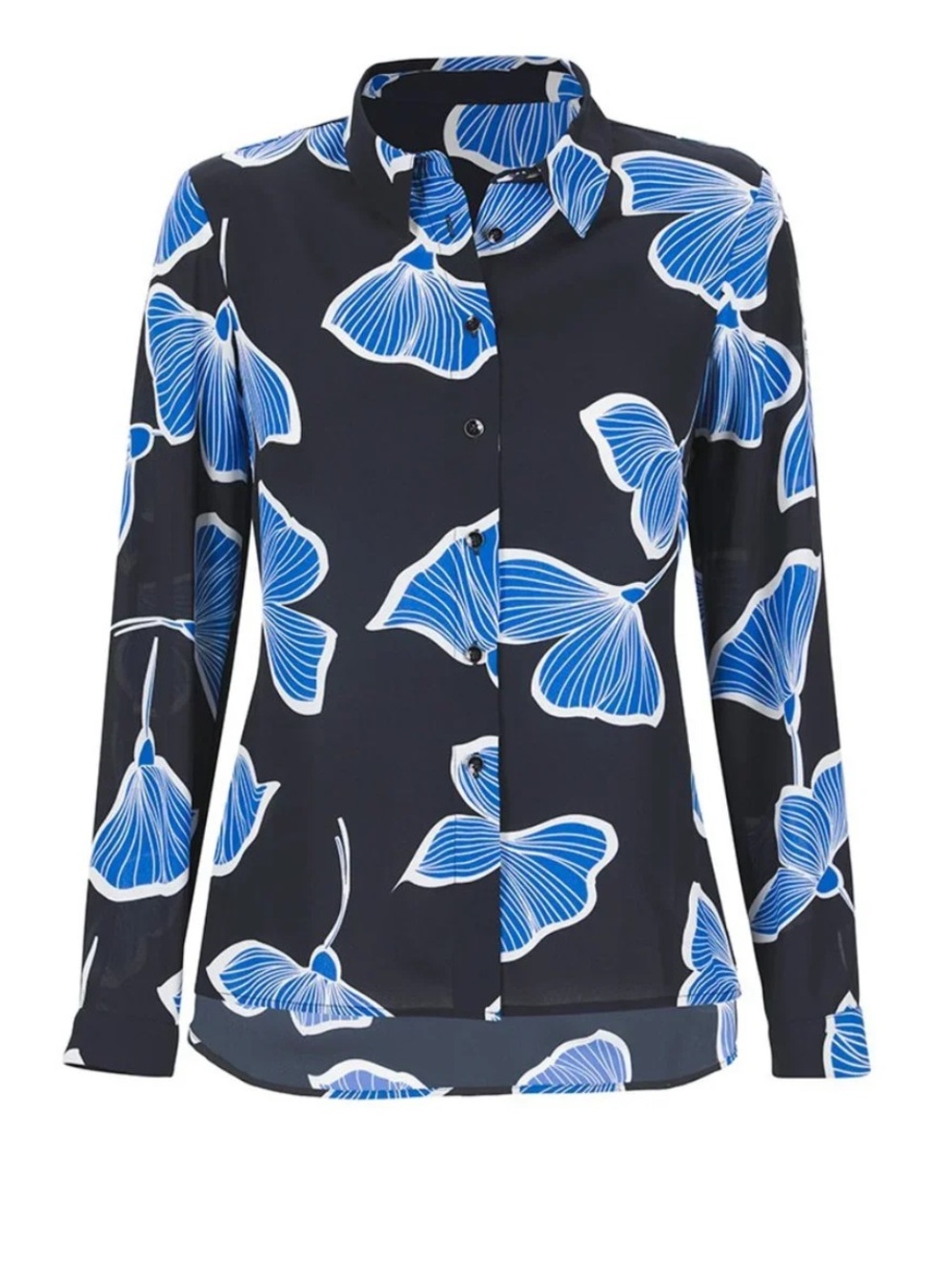 CAbi Navy Button-Down Shirt with Blue and White Floral Motif